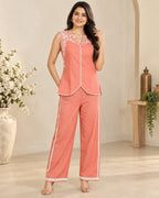 Coral Peach Sleeveless Embroidered Co-Ord Set for Women