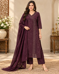 Wine Purple Embroidered 3-Piece Suit Set for Women with Matching Dupatta