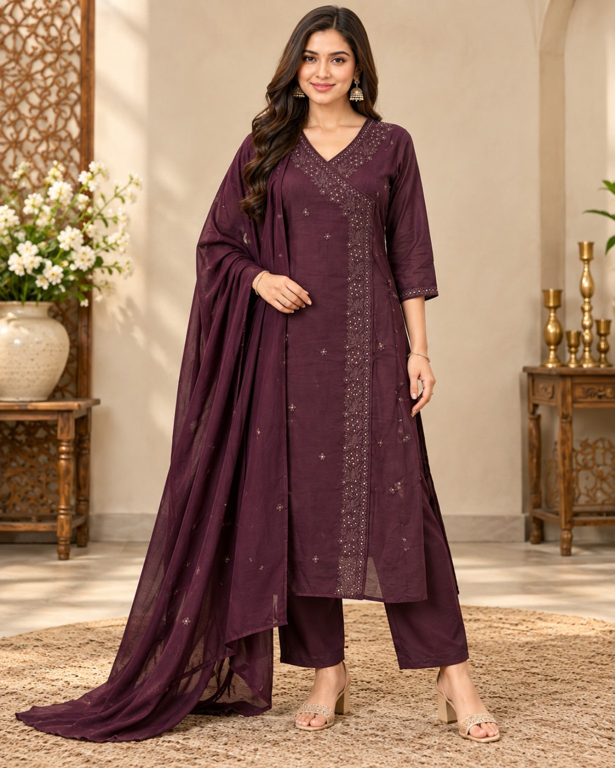 Wine Purple Embroidered 3-Piece Suit Set for Women with Matching Dupatta
