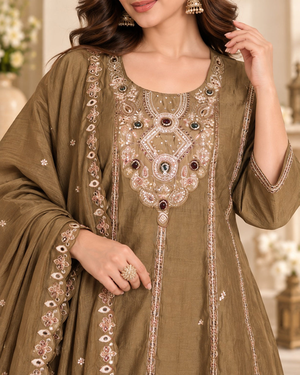 Olive Green Embroidered 3-Piece Suit Set for Women with Dupatta