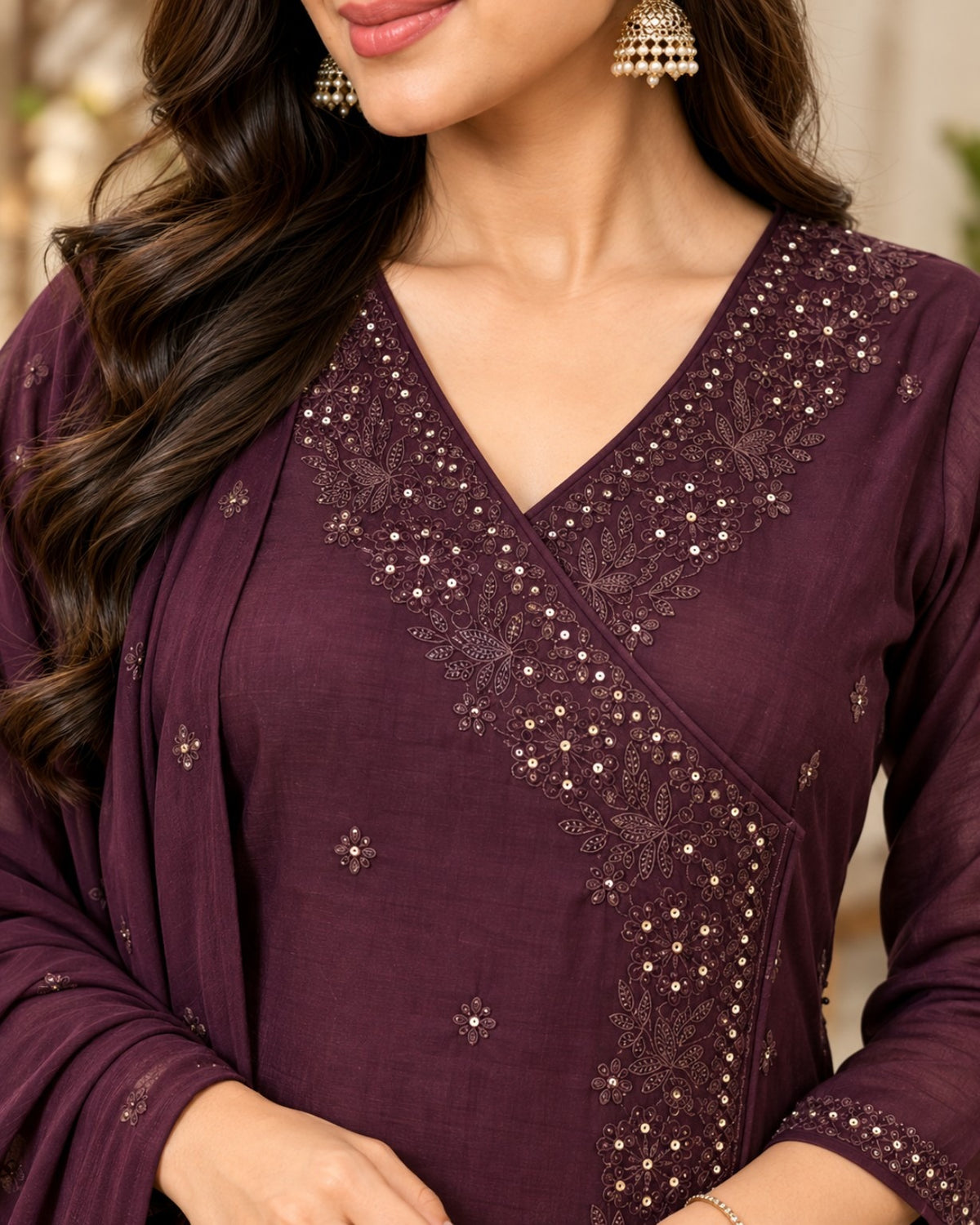 Wine Purple Embroidered 3-Piece Suit Set for Women with Matching Dupatta