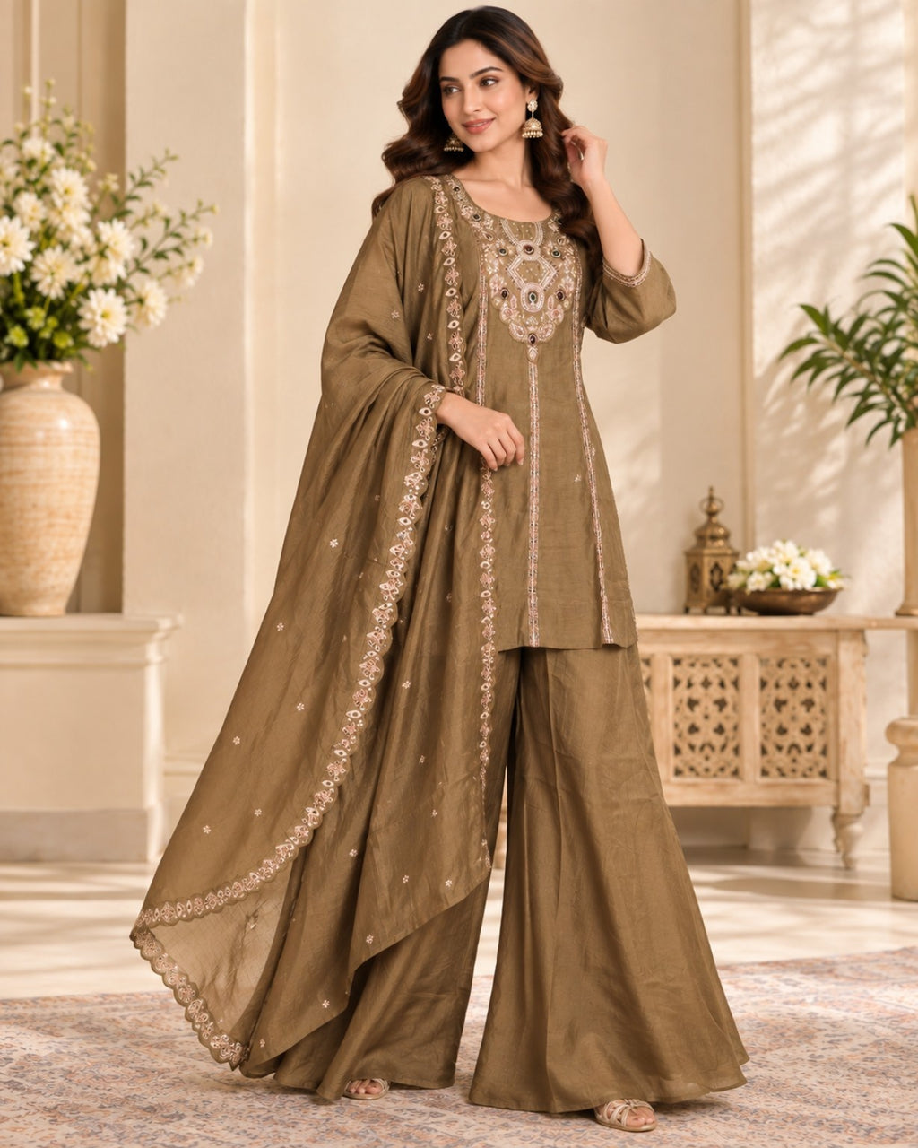 Olive Green Embroidered 3-Piece Suit Set for Women with Dupatta