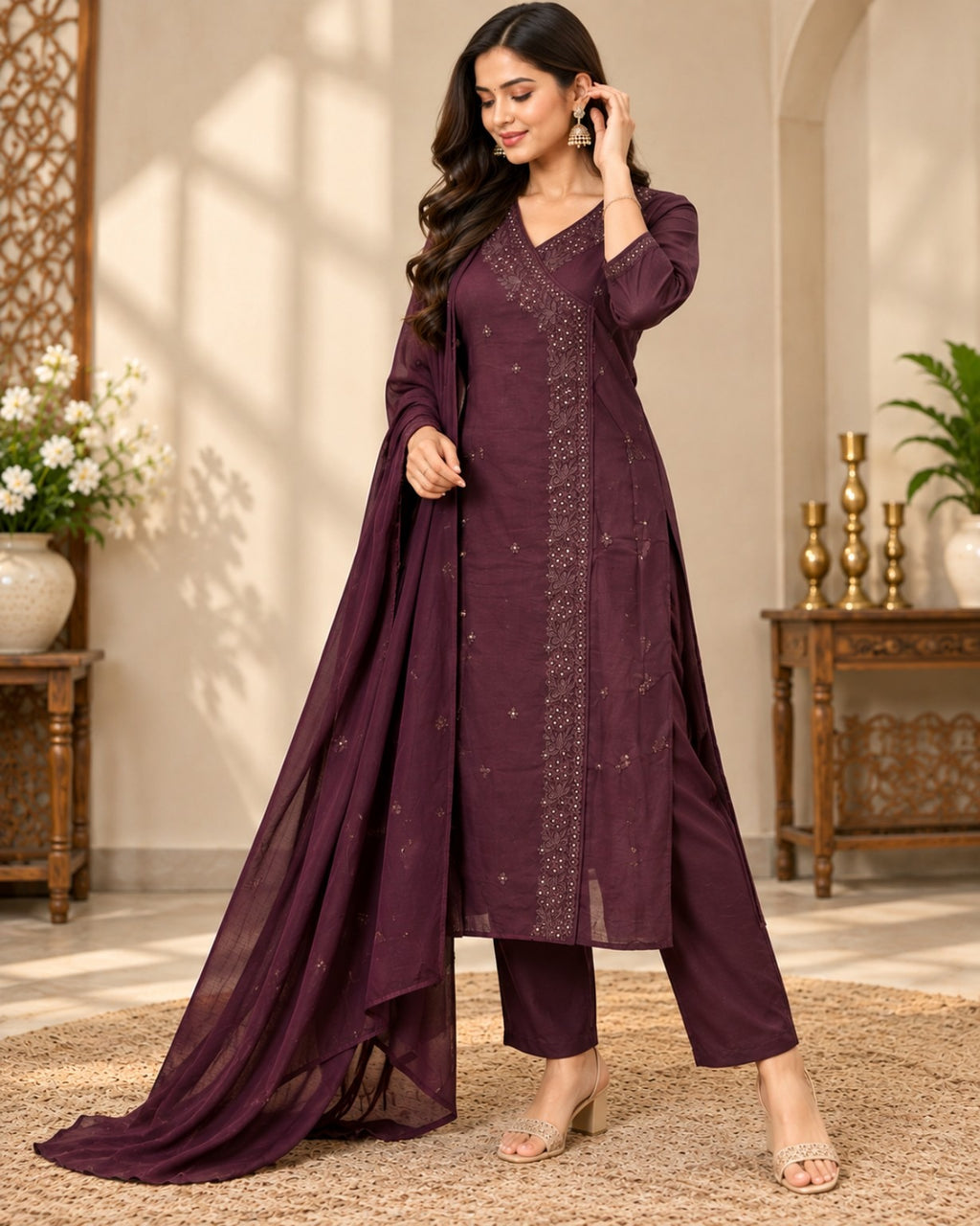 Wine Purple Embroidered 3-Piece Suit Set for Women with Matching Dupatta