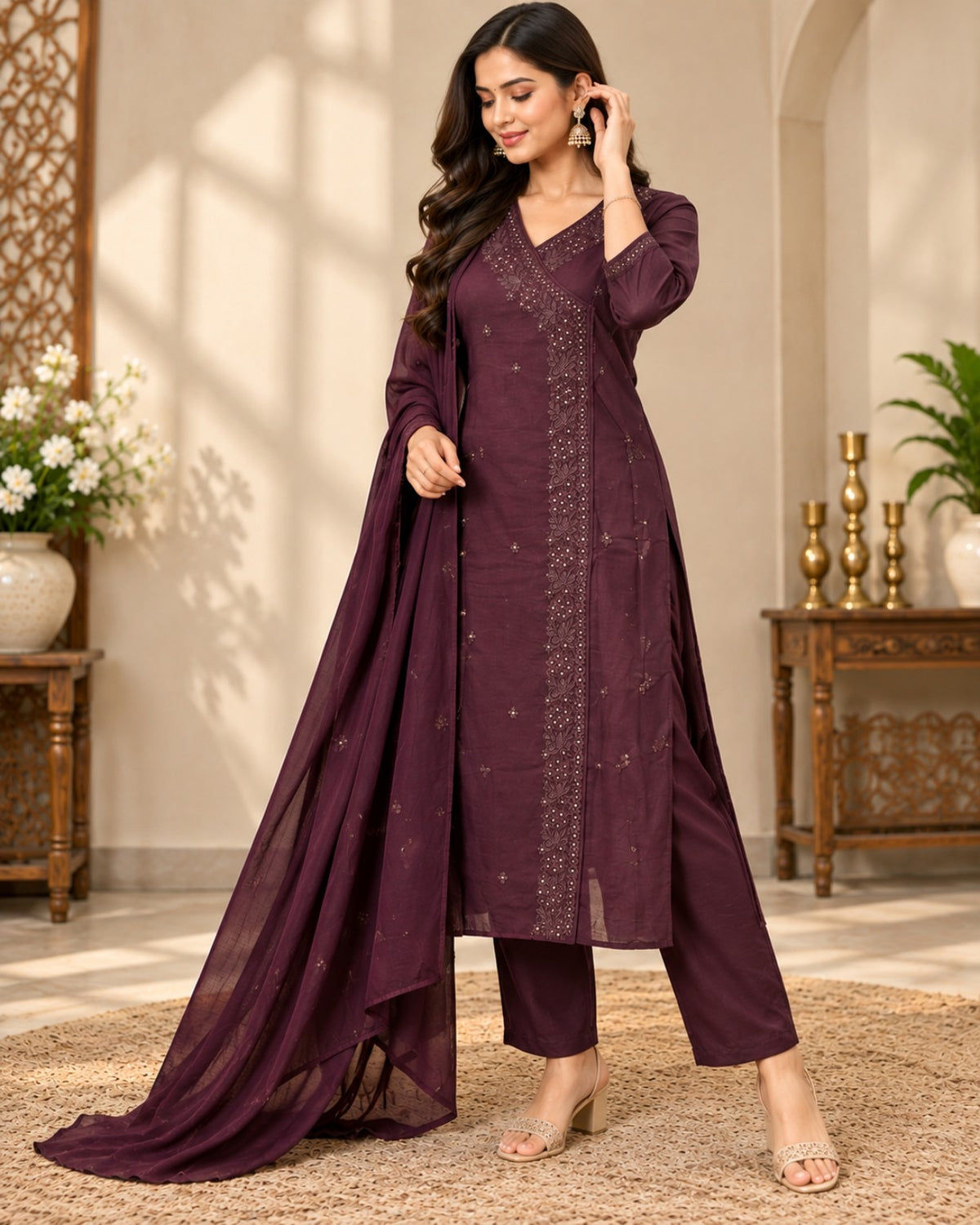 Wine Purple Embroidered 3-Piece Suit Set for Women with Matching Dupatta