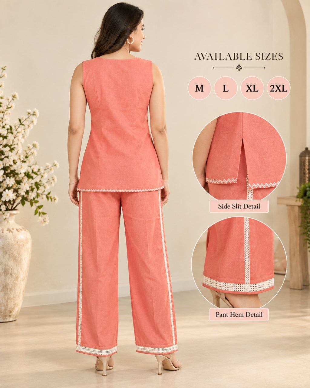 Coral Peach Sleeveless Embroidered Co-Ord Set for Women