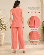 Coral Peach Sleeveless Embroidered Co-Ord Set for Women