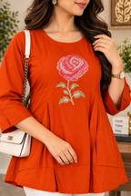 Bright orange flared kurti with multicolour rose embroidery and 3/4 sleeves