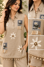 Beige Floral Embroidered Co-Ord Set