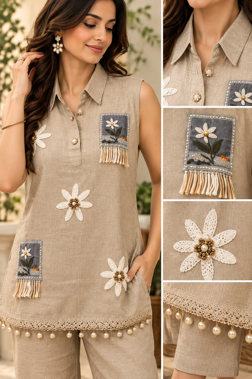 Beige Floral Embroidered Co-Ord Set