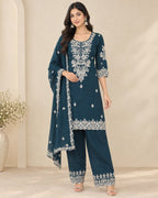 Teal Blue Embroidered Kurta Pant Dupatta Set for Women