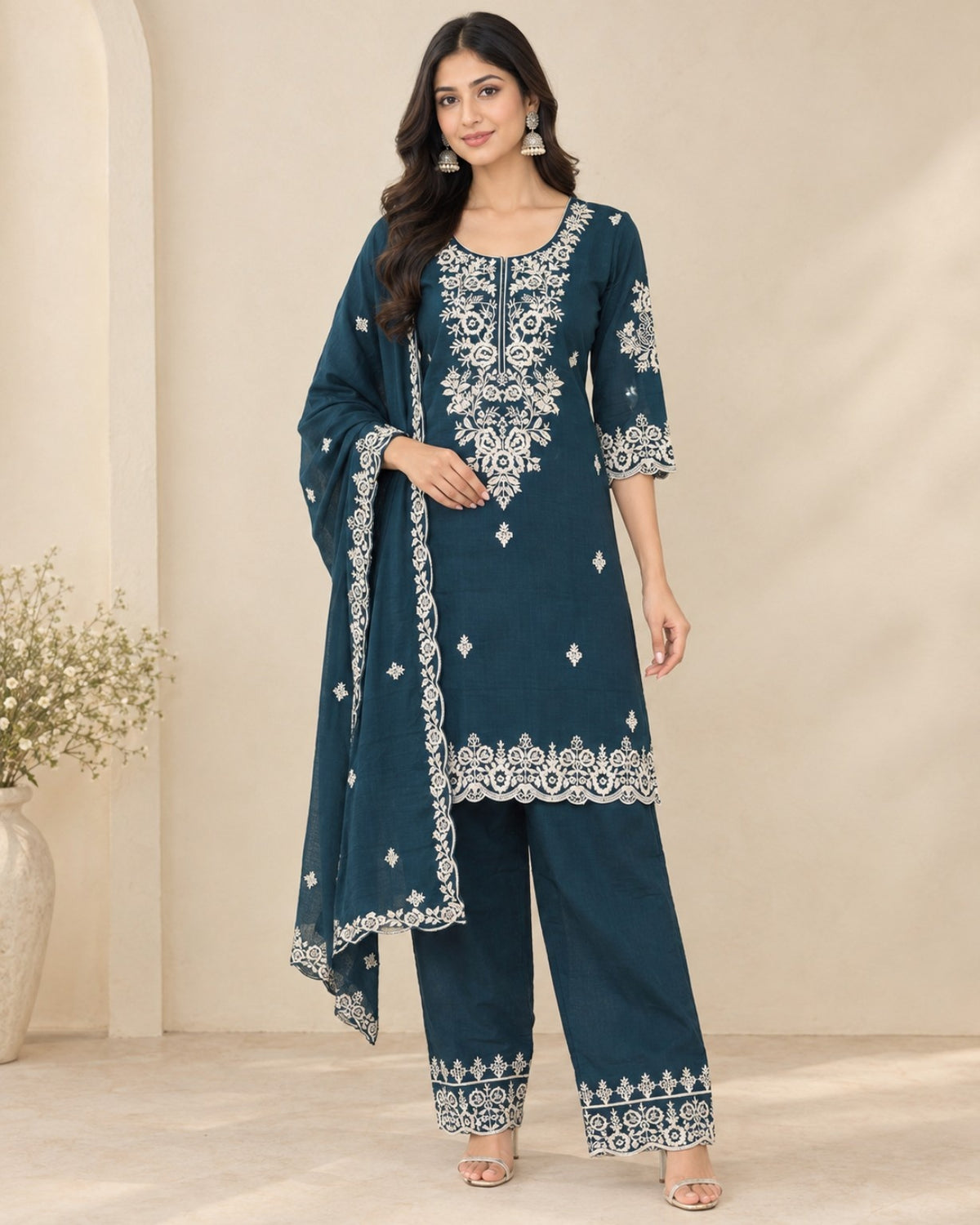 Teal Blue Embroidered Kurta Pant Dupatta Set for Women