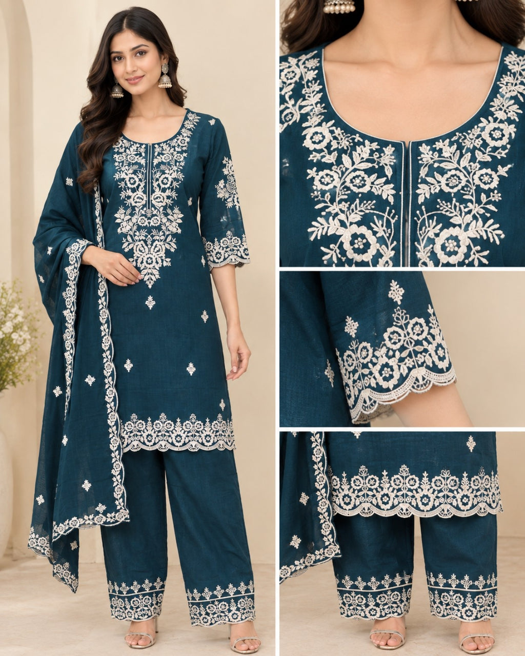 Teal Blue Embroidered Kurta Pant Dupatta Set for Women