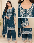 Teal Blue Embroidered Kurta Pant Dupatta Set for Women