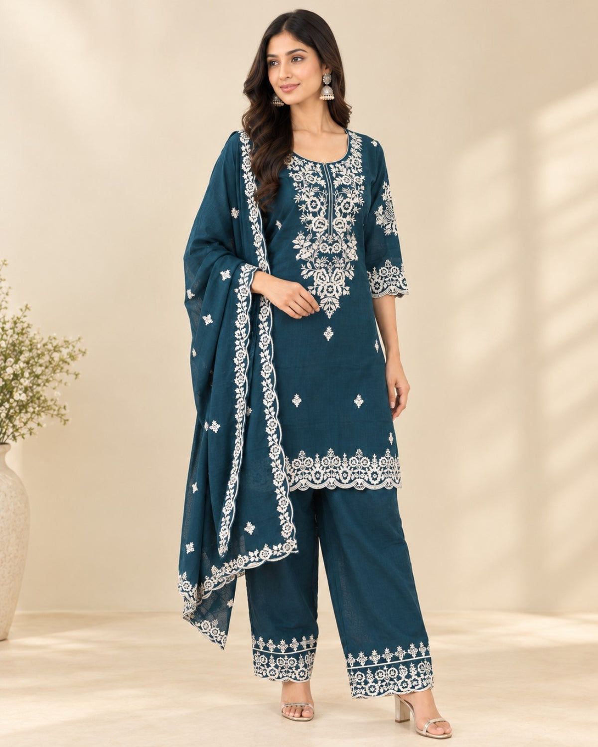 Teal Blue Embroidered Kurta Pant Dupatta Set for Women