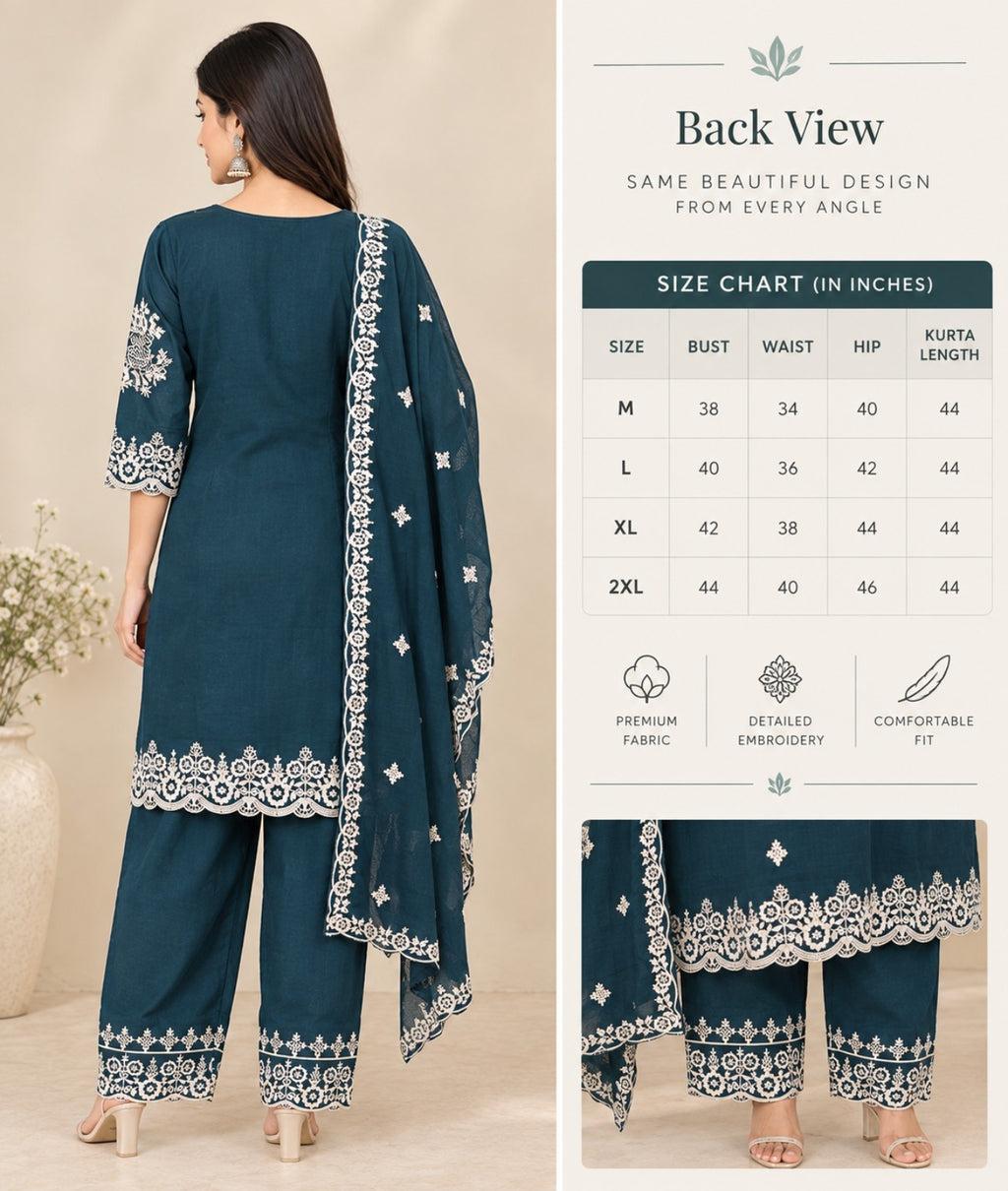 Teal Blue Embroidered Kurta Pant Dupatta Set for Women