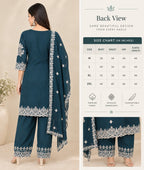 Teal Blue Embroidered Kurta Pant Dupatta Set for Women