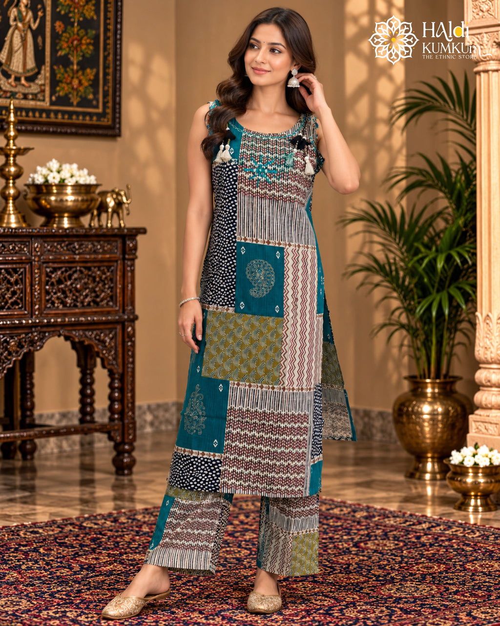 Teal blue multicolor patchwork printed kurta pant set for women