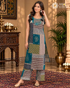 Teal blue multicolor patchwork printed kurta pant set for women
