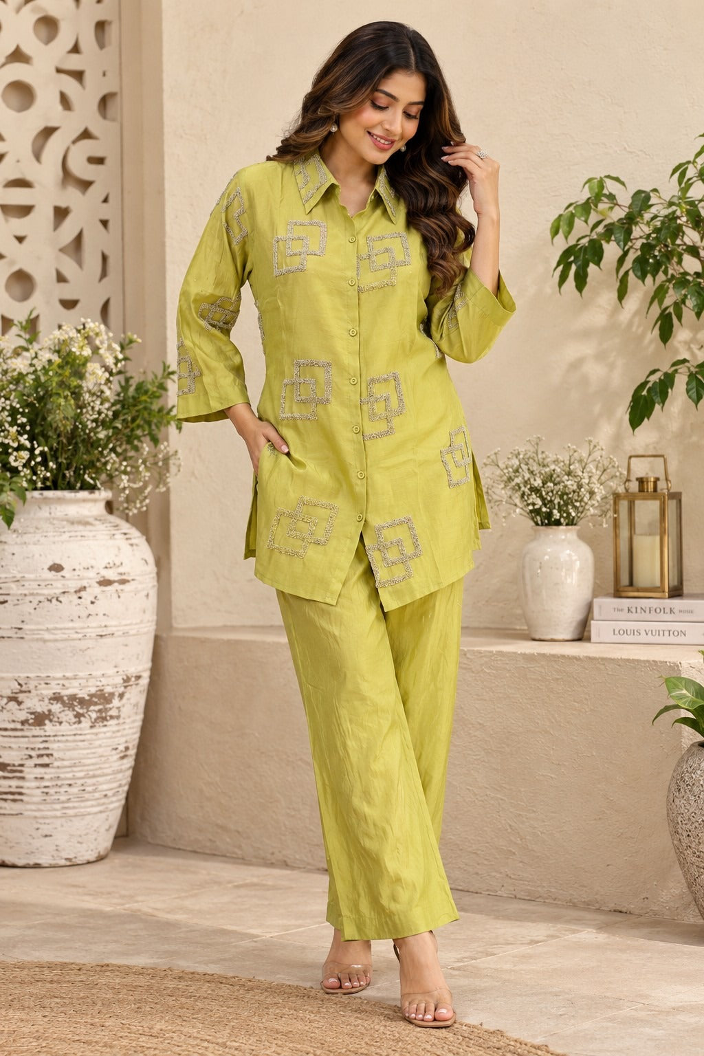 Pistachio green embroidered shirt with collar and geometric detailing