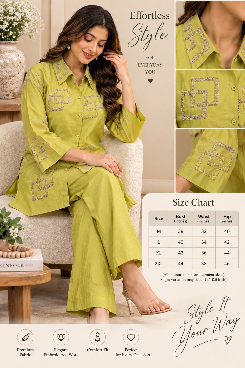 Pistachio green ethnic co-ord set with geometric embroidery and 3/4 sleeves