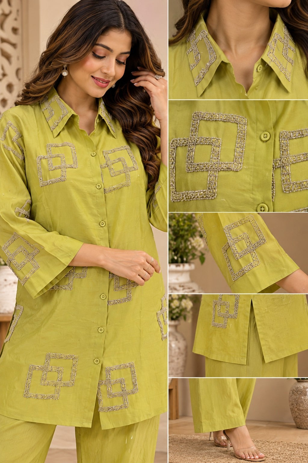 Pistachio green co-ord set with matching straight-fit embroidered pants