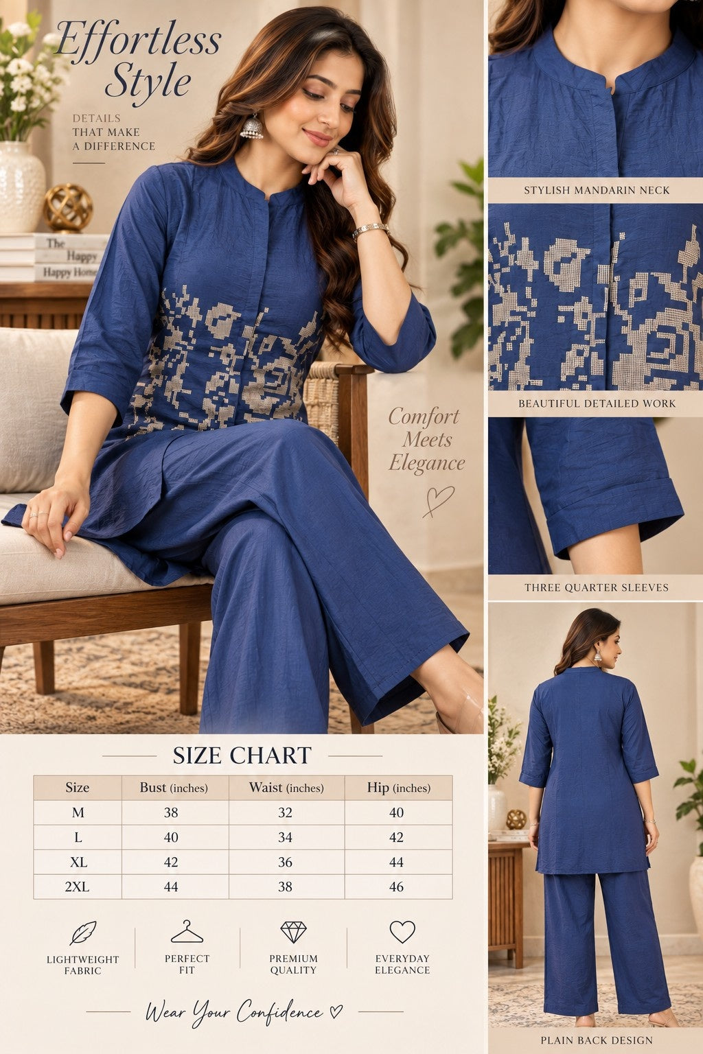 Navy blue ethnic co-ord set with abstract embroidery and relaxed fit