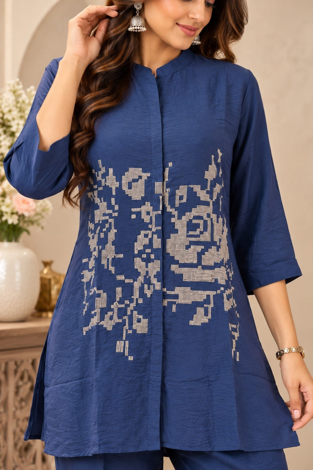 Navy blue embroidered co-ord set with matching wide-leg pants