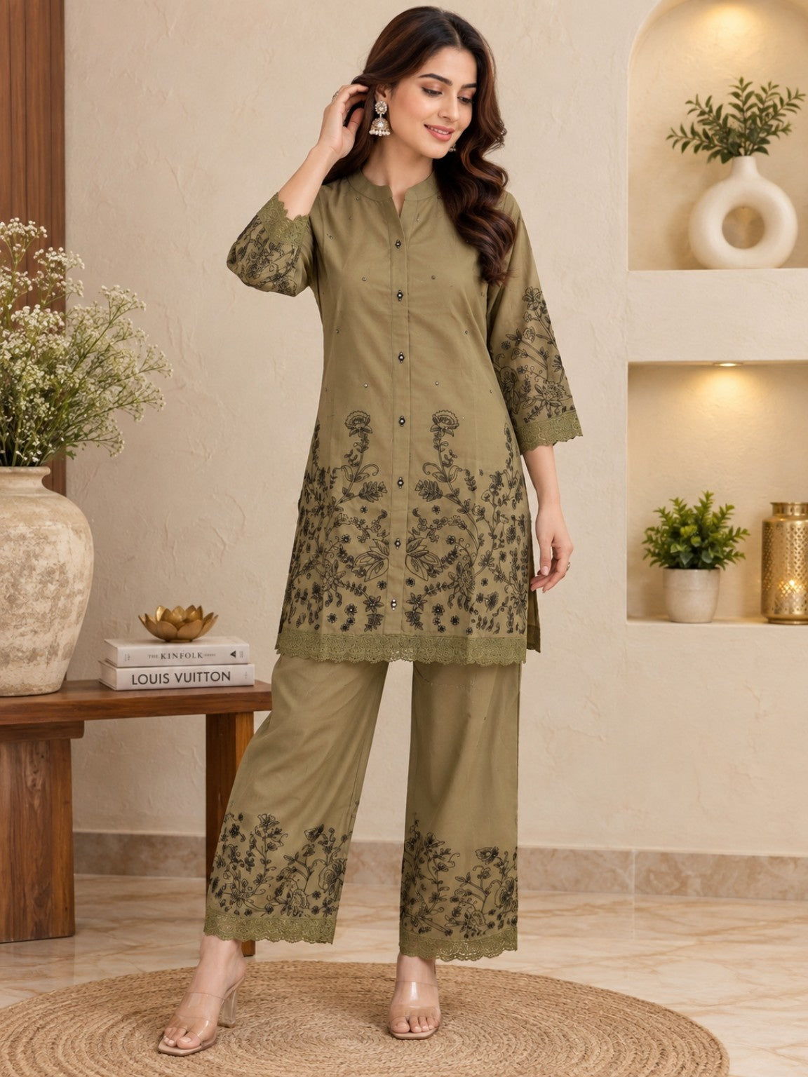 Olive green straight kurta with mandarin collar and floral printed detailing