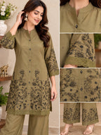 Olive green kurta with matching wide-leg pants and floral border detailing