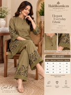 Olive green kurta with matching wide-leg pants and floral border detailing