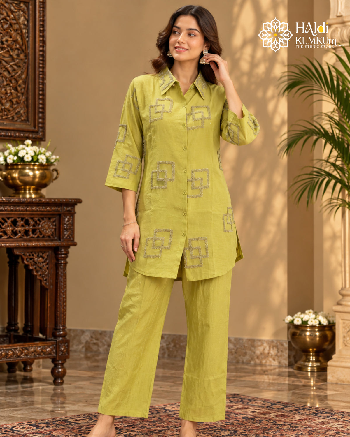 Pistachio green geometric embroidered shirt-style co-ord set for women