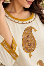 Ivory embroidered kurta with matching mustard printed pants