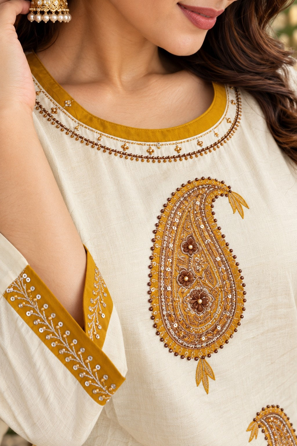 Ivory embroidered kurta with matching mustard printed pants