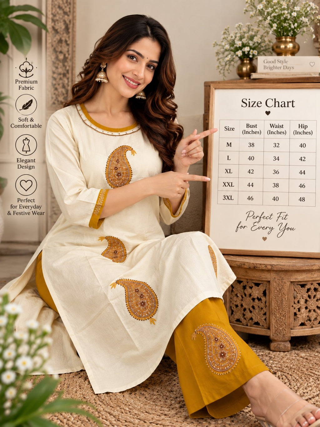 Ivory ethnic kurta pant set with paisley embroidery and golden mustard detailing