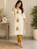 Ivory paisley embroidered kurta pant set with mustard detailing for women