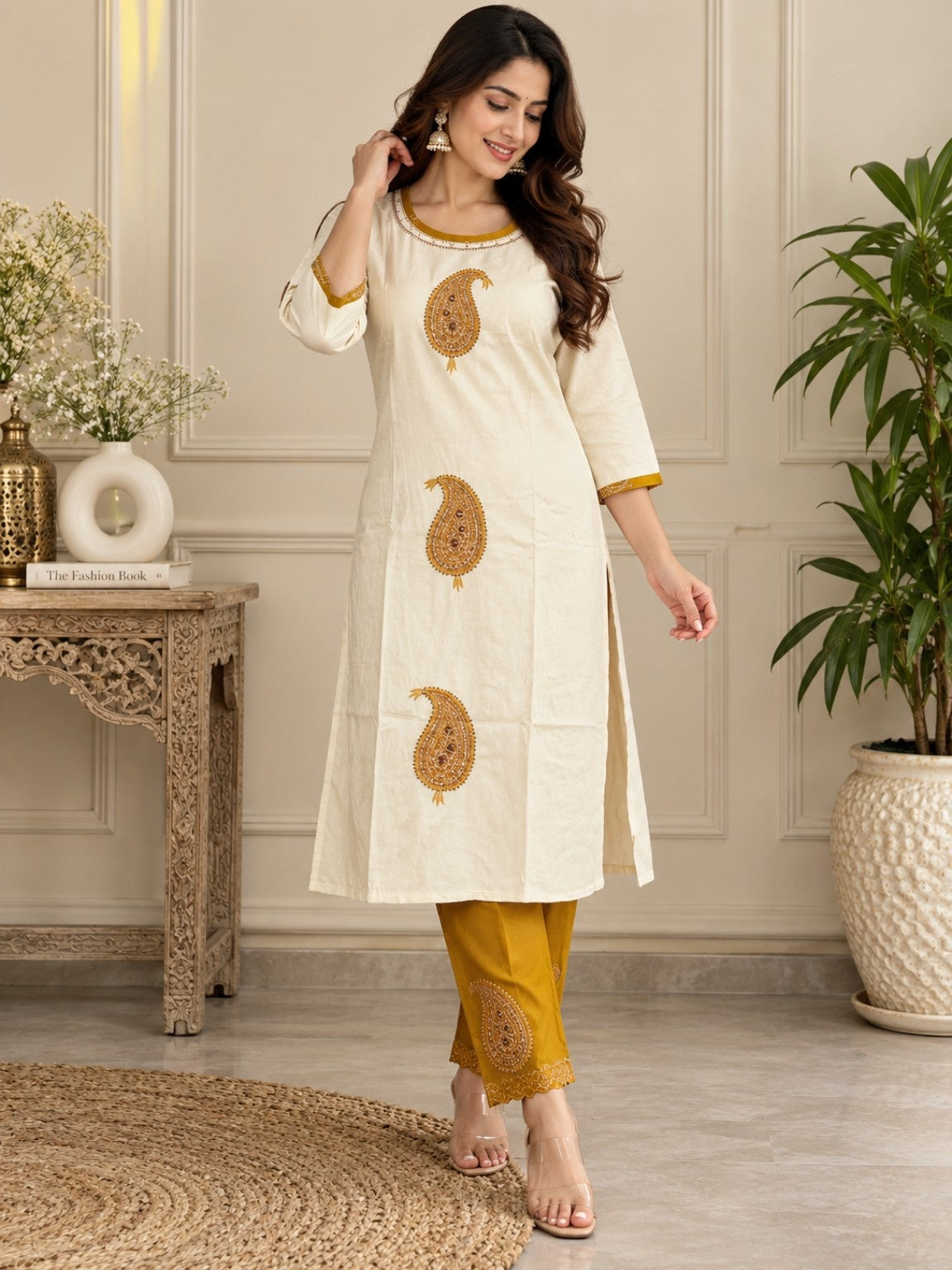 Ivory paisley embroidered kurta pant set with mustard detailing for women