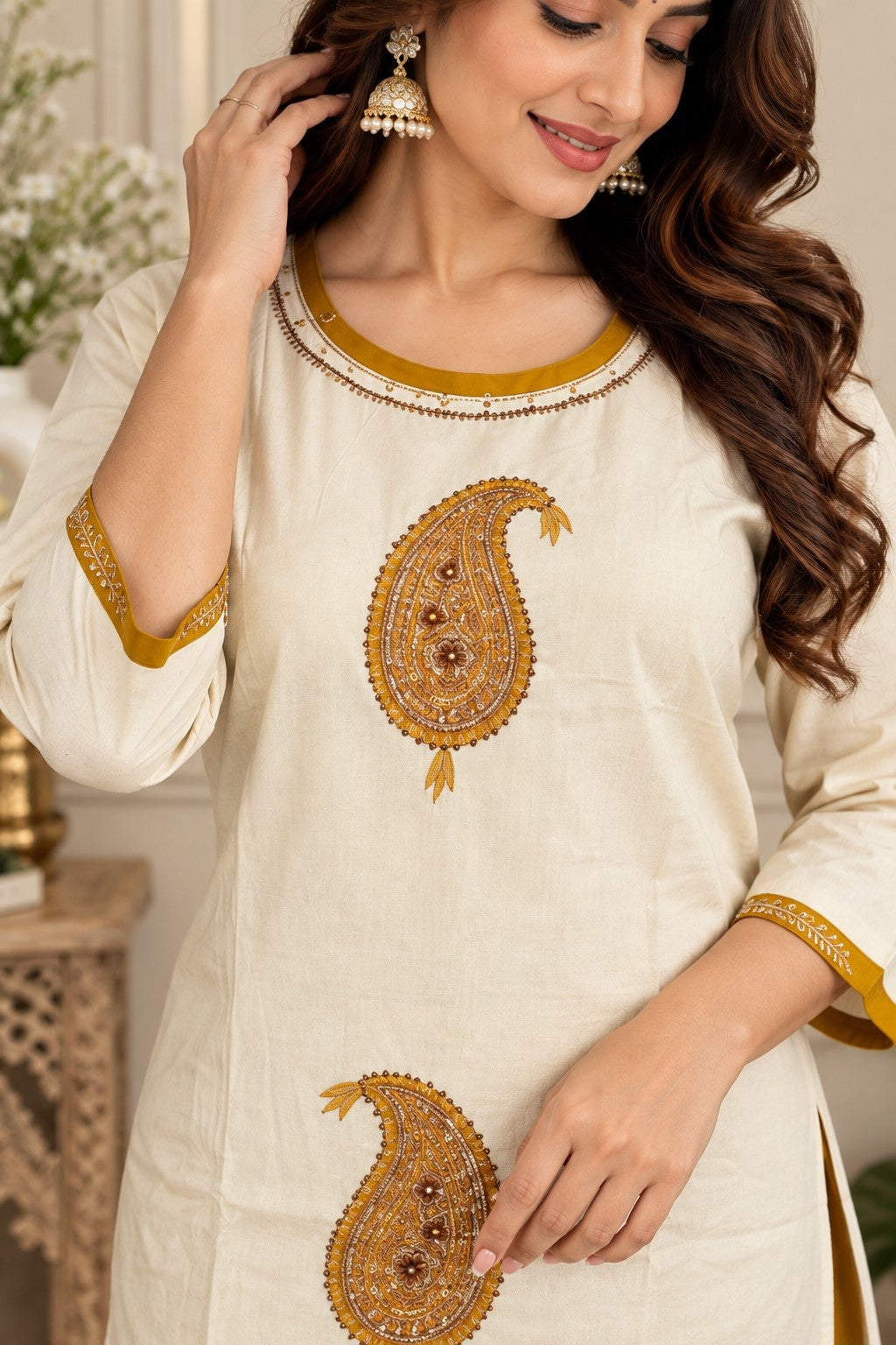 Ivory straight kurta with paisley embroidery and mustard border detailing