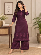 Wine purple floral printed kurta palazzo set with decorative border
