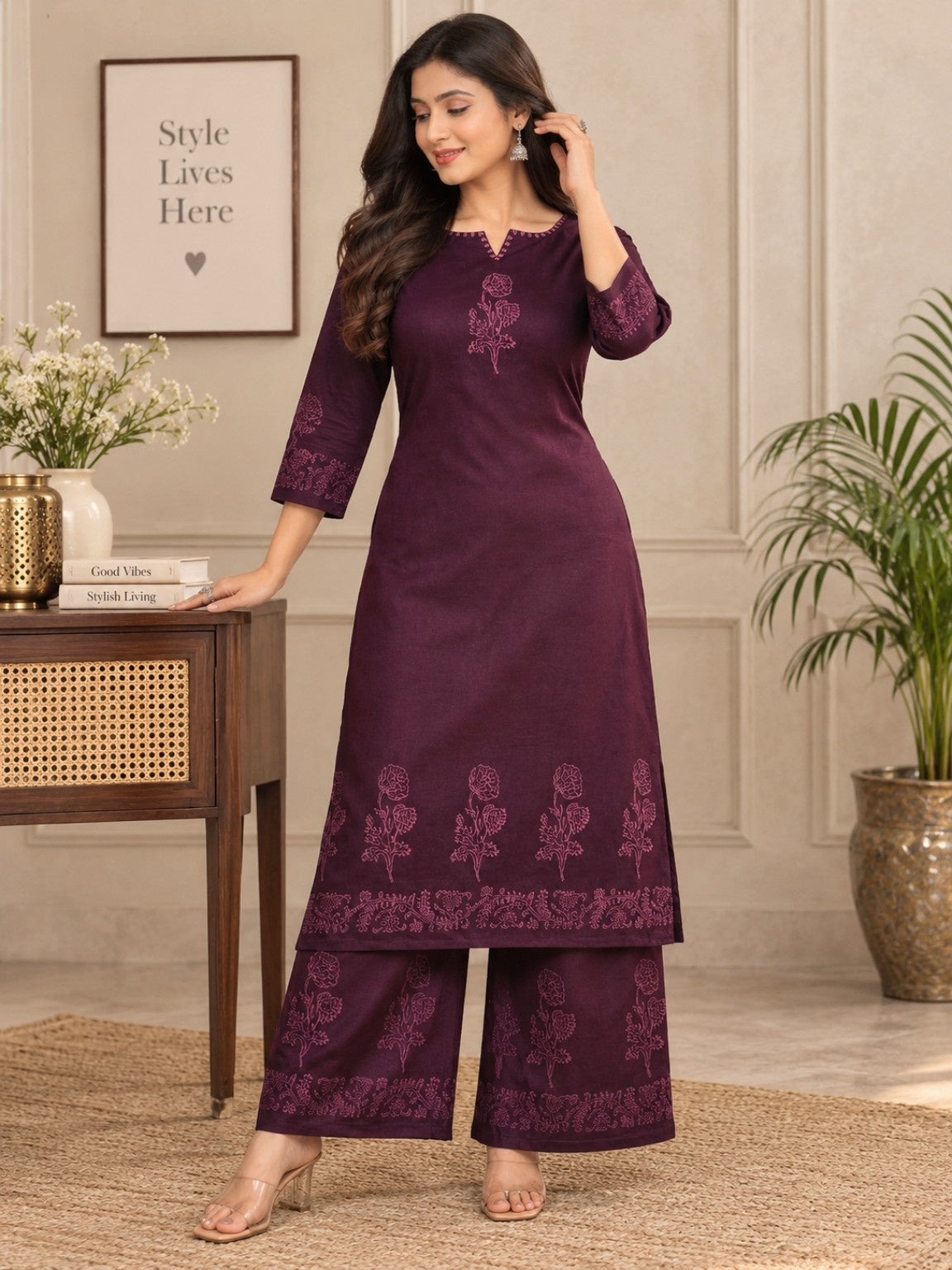 Wine purple floral printed kurta palazzo set with decorative border