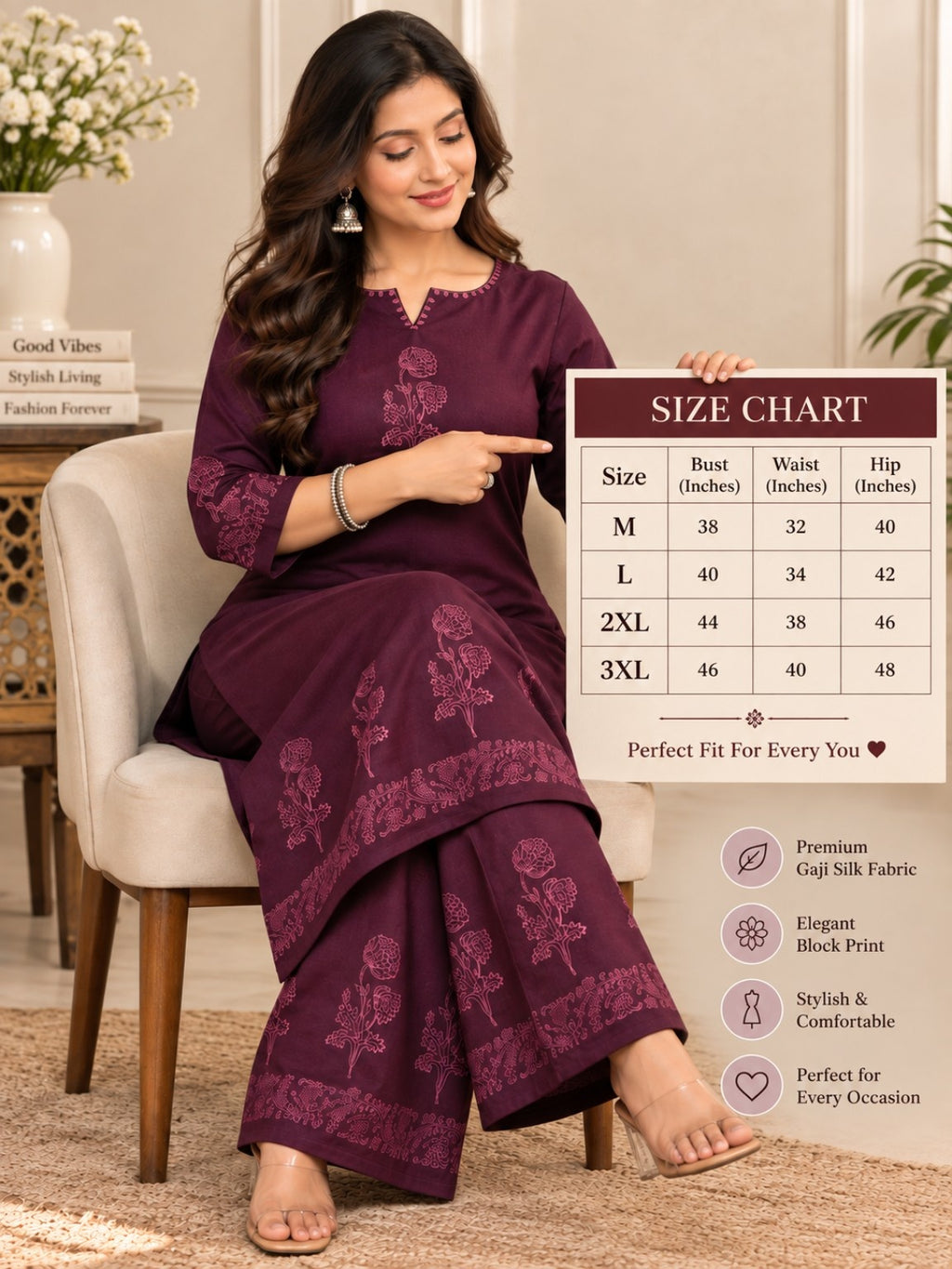 Wine purple floral printed kurta with matching wide-leg palazzo pants