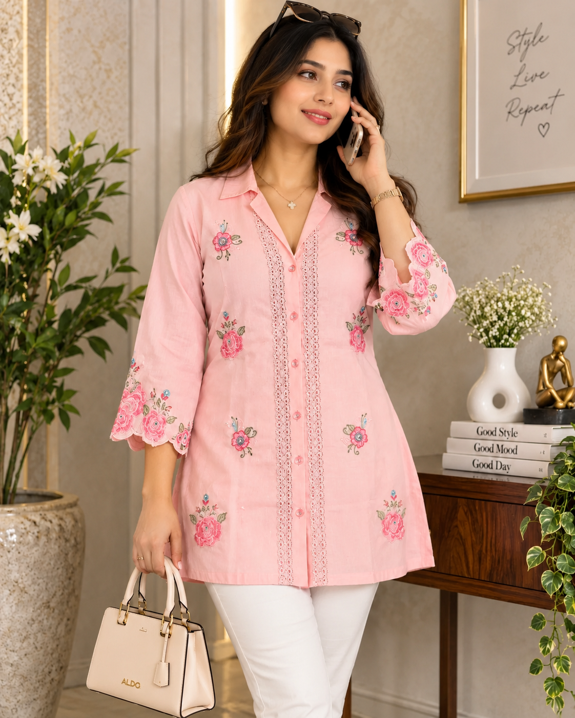 Pink Floral Embroidered Shirt Style Kurti with Lace Detailing for Women