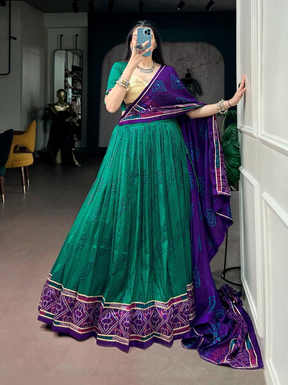 Green & Purple Bandhej Print Chaniya Choli with Gamthi Work Blouse & Dupatta