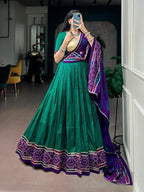 Green & Purple Bandhej Print Chaniya Choli with Gamthi Work Blouse & Dupatta
