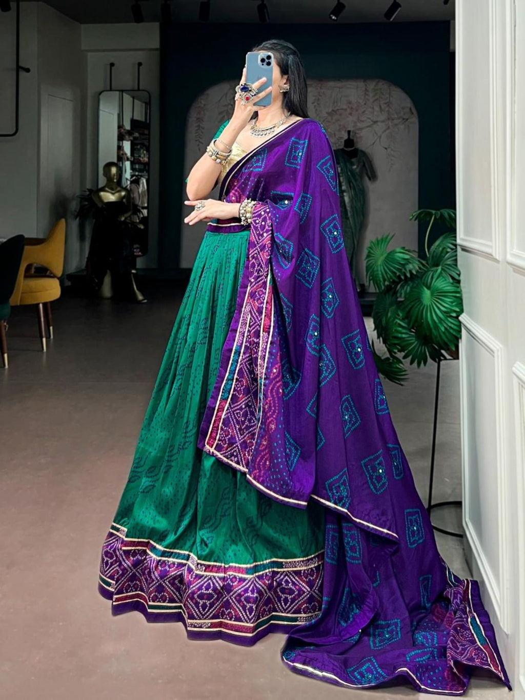 Green & Purple Bandhej Print Chaniya Choli with Gamthi Work Blouse & Dupatta