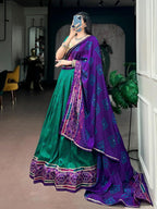 Green & Purple Bandhej Print Chaniya Choli with Gamthi Work Blouse & Dupatta