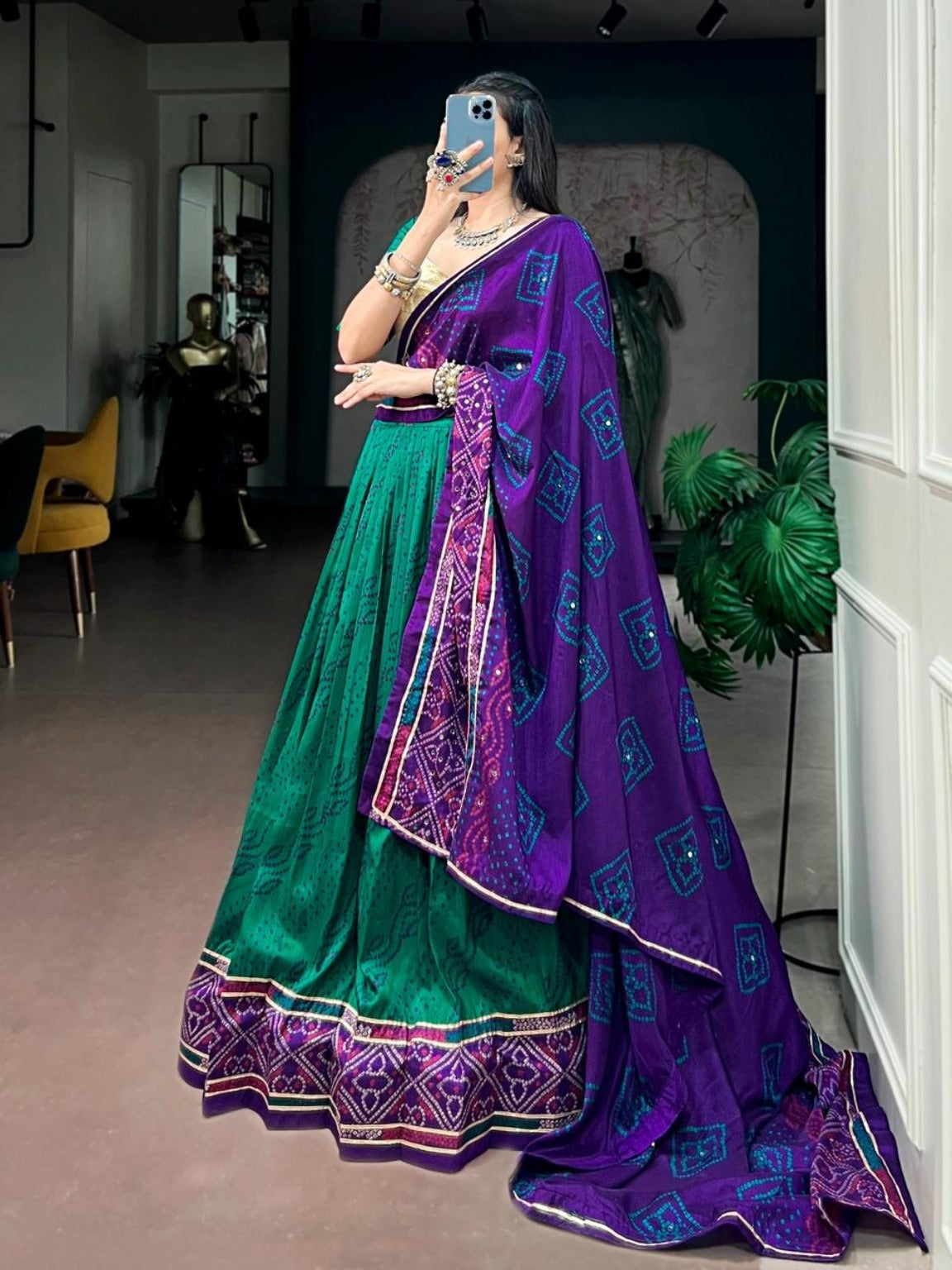 Green & Purple Bandhej Print Chaniya Choli with Gamthi Work Blouse & Dupatta