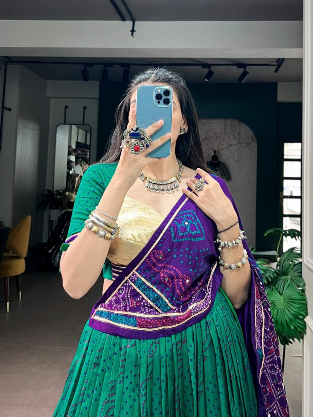 Green & Purple Bandhej Print Chaniya Choli with Gamthi Work Blouse & Dupatta