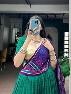 Green & Purple Bandhej Print Chaniya Choli with Gamthi Work Blouse & Dupatta