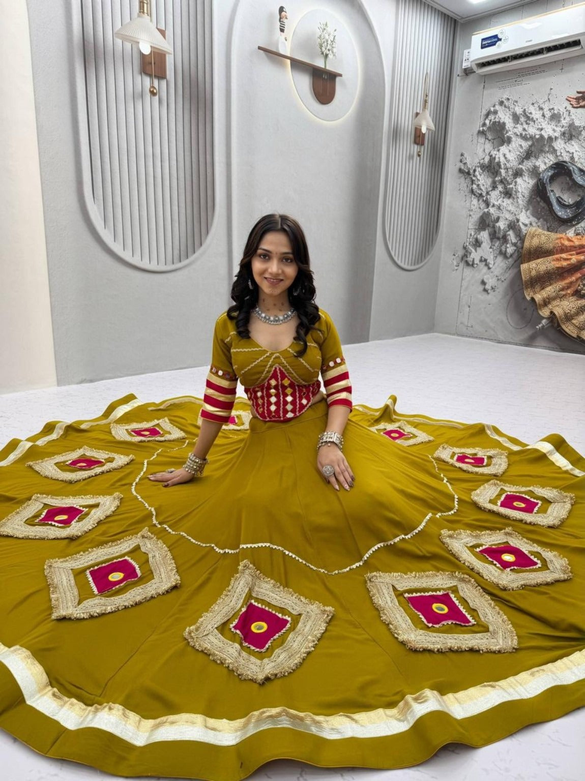 Navratri Special Mustard Yellow Hand Work Lehenga Choli with 6 Meter Flair