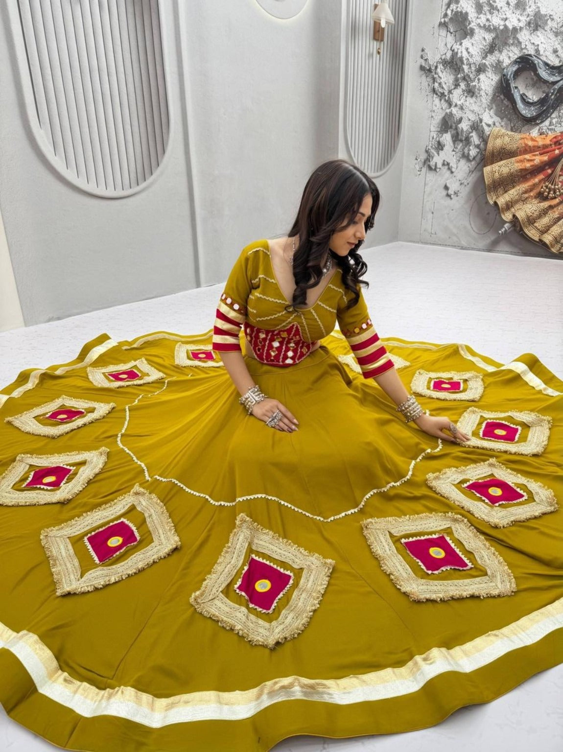 Navratri Special Mustard Yellow Hand Work Lehenga Choli with 6 Meter Flair